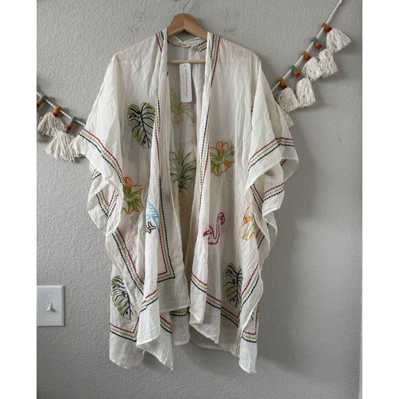Soft Surroundings Tropical Bird Leaf Embroidered Kimono Cover Up Beach Boho NWT - Picture 1 of 9